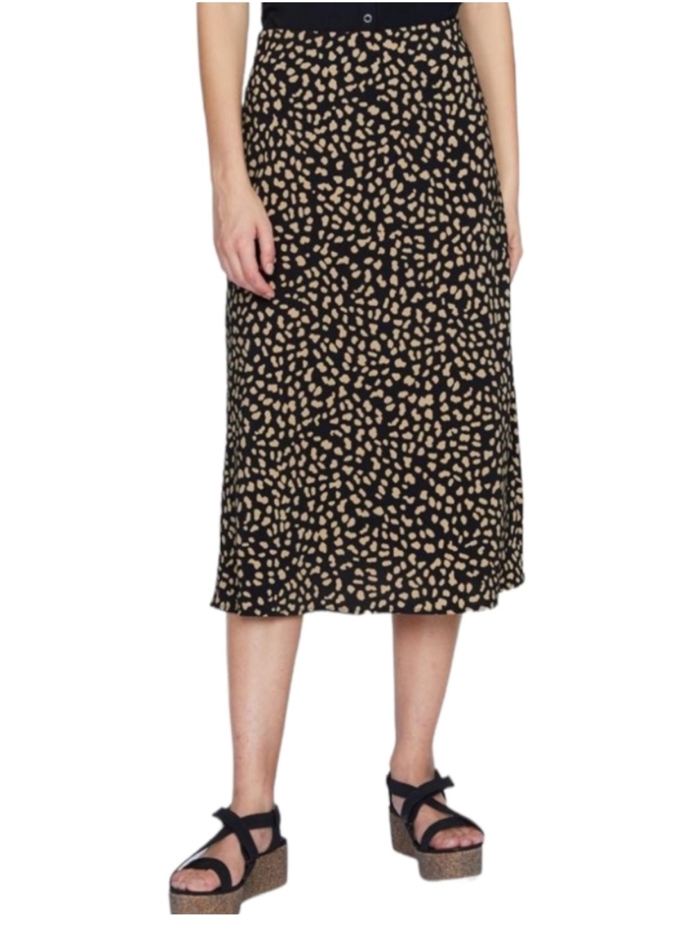 SANCTUARY BLACK MIDI SKIRT WITH TAN POLKA DOTS - NWOT!